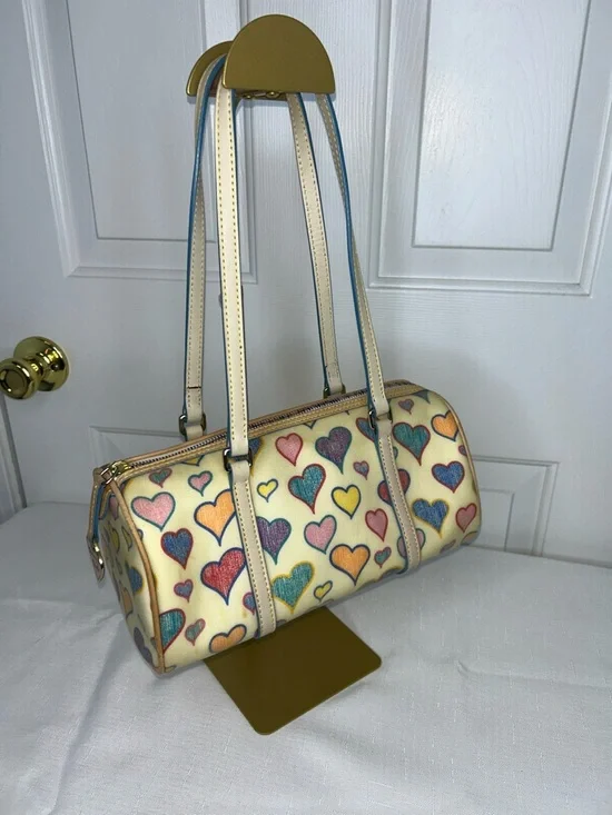 Dooney & Bourke Cream Multicolor Heart-Print Barrel Bag - Picture 13 of 13